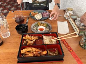 Tofu bento box, vegetable gyoza, tofu satay wrap    at Eat Me in Scarborough