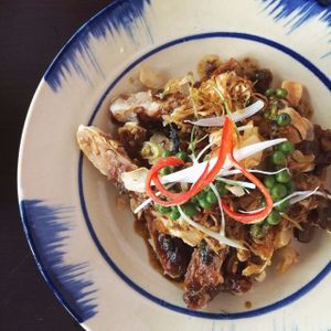 Fried homemade tempeh w/ green pepper sauce at Pi Vegetarian Bistro in Ho Chi Minh City