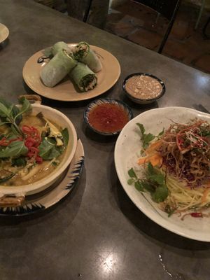 Spring rolls, mango salad, mushroom curry at Pi Vegetarian Bistro in Ho Chi Minh City