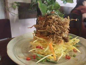 Green mango and tempeh salad
I don't remember what the actual name is on the menu but it had green mango, tempeh, pink cabbage and carrots at Pi Vegetarian Bistro in Ho Chi Minh City