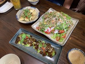 avocado salad with sesame sauce, tofu with ginger & garlic, avocado with tamarind sauce at Pi Vegetarian Bistro in Ho Chi Minh City