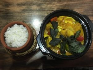 Coconut curry with steamed rice at Pi Vegetarian Bistro in Ho Chi Minh City