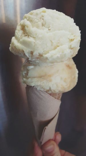 Salted caramel coconut ice cream in a gluten free waffle cone at Nourish Foods and Catering  in Toukley