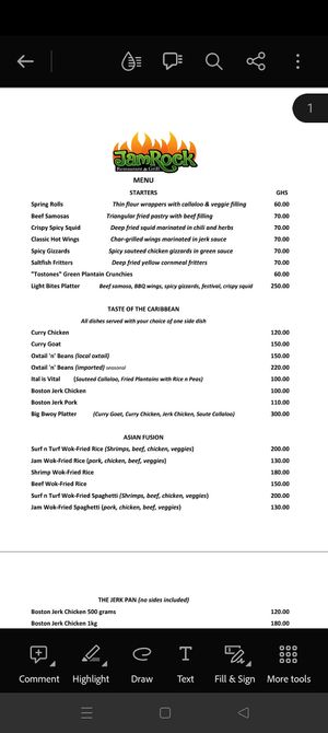Menú 2023 at JamRock Restaurant and Grill in Accra