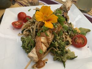 Thai tofu and noodles with satay  at Origins Cafe in Cooperstown