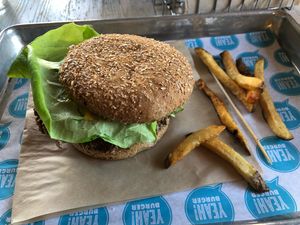 Impossible burger (I stole a few fries from my daughter lol) at Yeah Burger - Howell Mill Rd in Atlanta