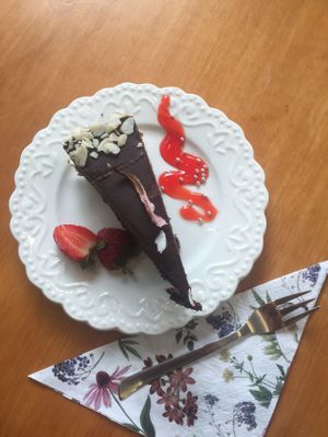 vegan chocolate cherry almond tart  at Ice Cream Saloon Clio in Nessebar