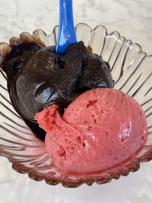 Chocolate and raspberry sorbet ice cream  at Ice Cream Saloon Clio in Nessebar