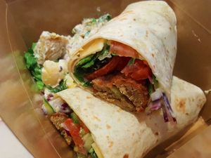 falafel wrap with vegan tzatziki at Qupi Cafe and Bistro in Edinburgh