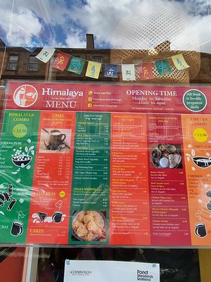 menu in the shop window - lots of vegan options at Himalaya Cafe in Edinburgh