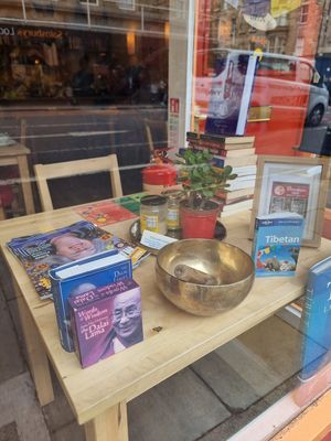 shop window with books at Himalaya Cafe in Edinburgh