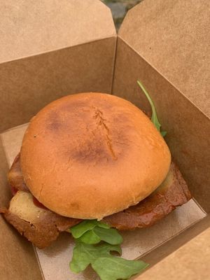 Vegan bacon roll/BLT I think on a brioche style roll  at The Flame Tree Cafe in Dundee