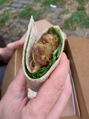 Onion bhaji wrap with mango chutney  at The Flame Tree Cafe in Dundee