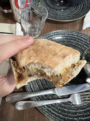 Vegan haggis ciabatta and the remnants of pea and mint soup  at The Flame Tree Cafe in Dundee