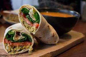 Vegan falafel wrap with Thai sweet potato soup. The soups are always vegan. :) at The Flame Tree Cafe in Dundee
