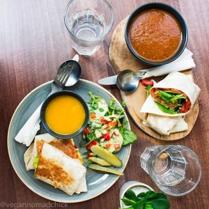 Falafel wrap with Mediterranean veggie soup, burrito with curried butternut squash soup. at The Flame Tree Cafe in Dundee