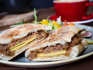 Vegan haggis panini with onion chutney and vegan cheese. at The Flame Tree Cafe in Dundee