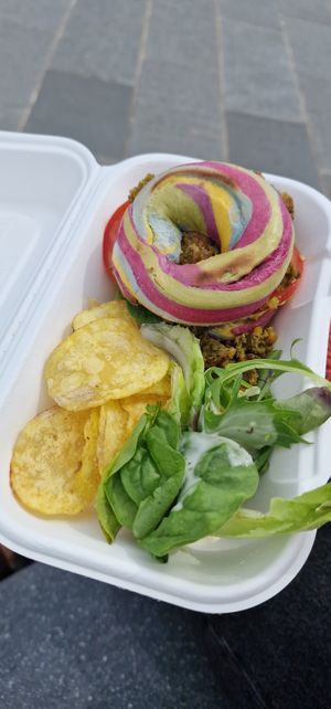 Falafel and houmous rainbow bagel at The Flame Tree Cafe in Dundee