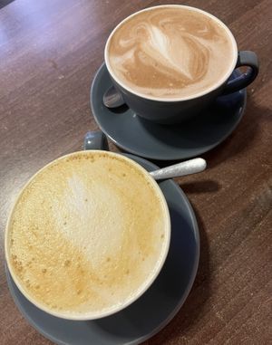 A Latte and a turmeric & cinnamon lattee  at The Flame Tree Cafe in Dundee
