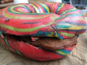 Rainbow bagel & bacon at The Flame Tree Cafe in Dundee