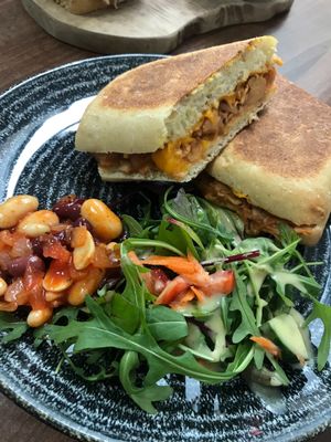 Vegan bbq jackfruit and violife panini.  One of the new options from the Flame Tree Cafe’s updated 2018 menu. at The Flame Tree Cafe in Dundee