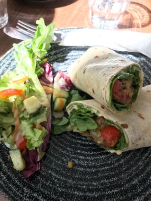 Vegan falafel, hummus, tomato and baby spinach wrap at The Flame Tree Cafe in Dundee