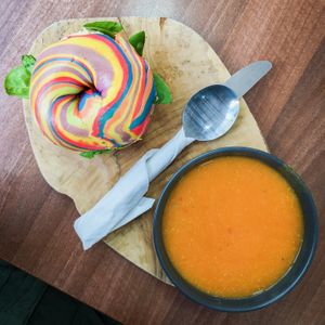 rainbow bagel with sweet potato, coconut and chilli soup at The Flame Tree Cafe in Dundee