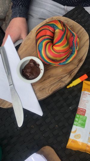 Rainbow bagel  at The Flame Tree Cafe in Dundee