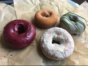 Left to Right: Raspberry, cinnamon, orange oil, matcha at Blue Star Donuts - Downtown in Portland