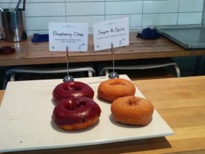 Tasty, moist vegan donuts. Blueberry basil, sugar & spice.  at Blue Star Donuts - 23rd in Portland