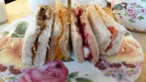 Vegan cheese and caramelised onion, curried vegetable, vegan cranberry cheese with cranberry sauce and hummus and roasted red peppers sandwiches. at The Great British Cupcakery in Newcastle Upon Tyne