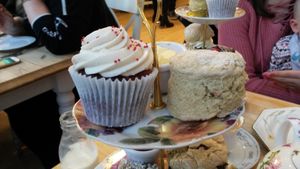 Red velvet cup cake and plain scone with jam and margarine. at The Great British Cupcakery in Newcastle Upon Tyne