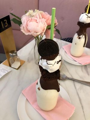 Milk-Less milkshake with oreo, vegan brownie, coconut ice cream and soya milk coconut milkshake at The Great British Cupcakery in Newcastle Upon Tyne