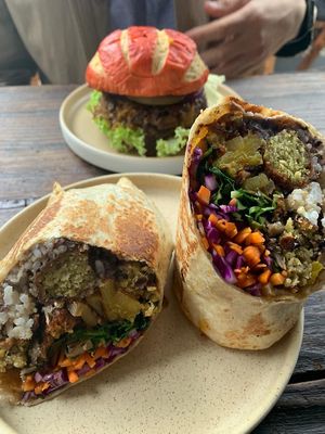 Burrito y hamburguesa  at Veguisima in Mexico City