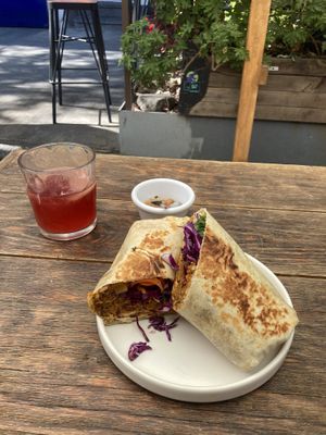 Burrito and homemade kombucha  at Veguisima in Mexico City