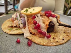 Taco Morelos tipo chile en nogada at Veguisima in Mexico City