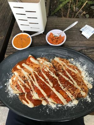 Enchiladas in red sauce  at Veguisima in Mexico City