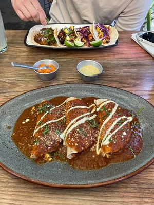 Tacos and Enchiladas (con salsa roja)  at Veguisima in Mexico City