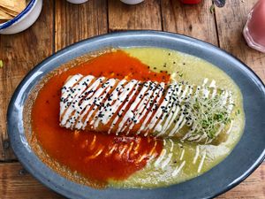 Burrito ahogado with both salsas at Veguisima in Mexico City
