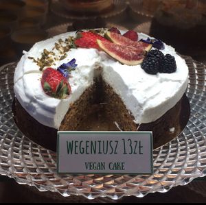 Vegan cake in the case.  at Slodki Wentzl in Krakow