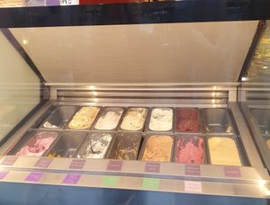 Vitrina de helados (💚 = vegan) at Slodki Wentzl in Krakow