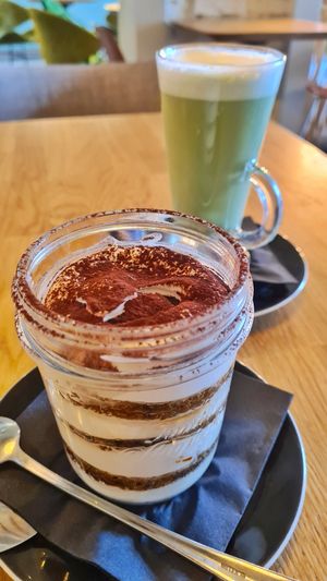 Tiramisu and Matcha Latte at Veganic in Krakow