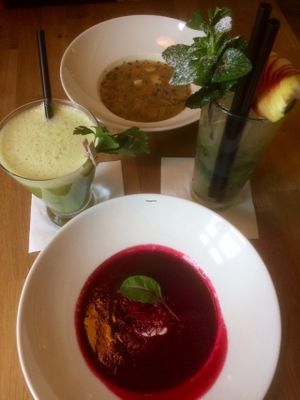 Tofu soup and beetroot soup. Delicious mocktails :) at Veganic in Krakow