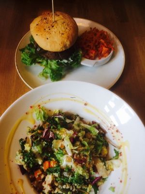 Vegan burger and quinoa salad at Veganic in Krakow