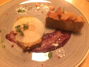 Sous-vide chickpea pate, caramelized pear, red onion jam, and (not shown) homemade bread. at Veganic in Krakow