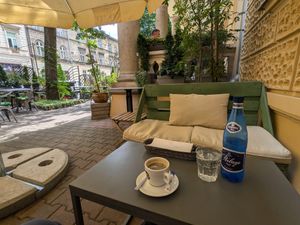 Outdoor seating area (there are two sides and ample comfortable indoor spots as well at Veganic in Krakow