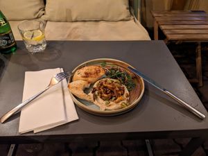 Chanterelles, beans, bread, hummus - fantastic at Veganic in Krakow