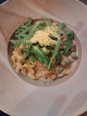 Tagliatelle with chanterelles and broad beans at Veganic in Krakow