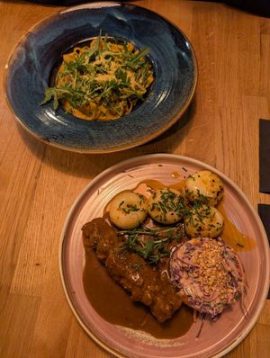 Roulade and pasta at Veganic in Krakow