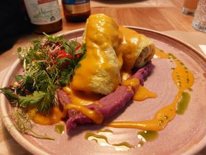 Grain Stuffed cabbage rolls on a potato and beetroot mash- amazing and very filling! at Veganic in Krakow